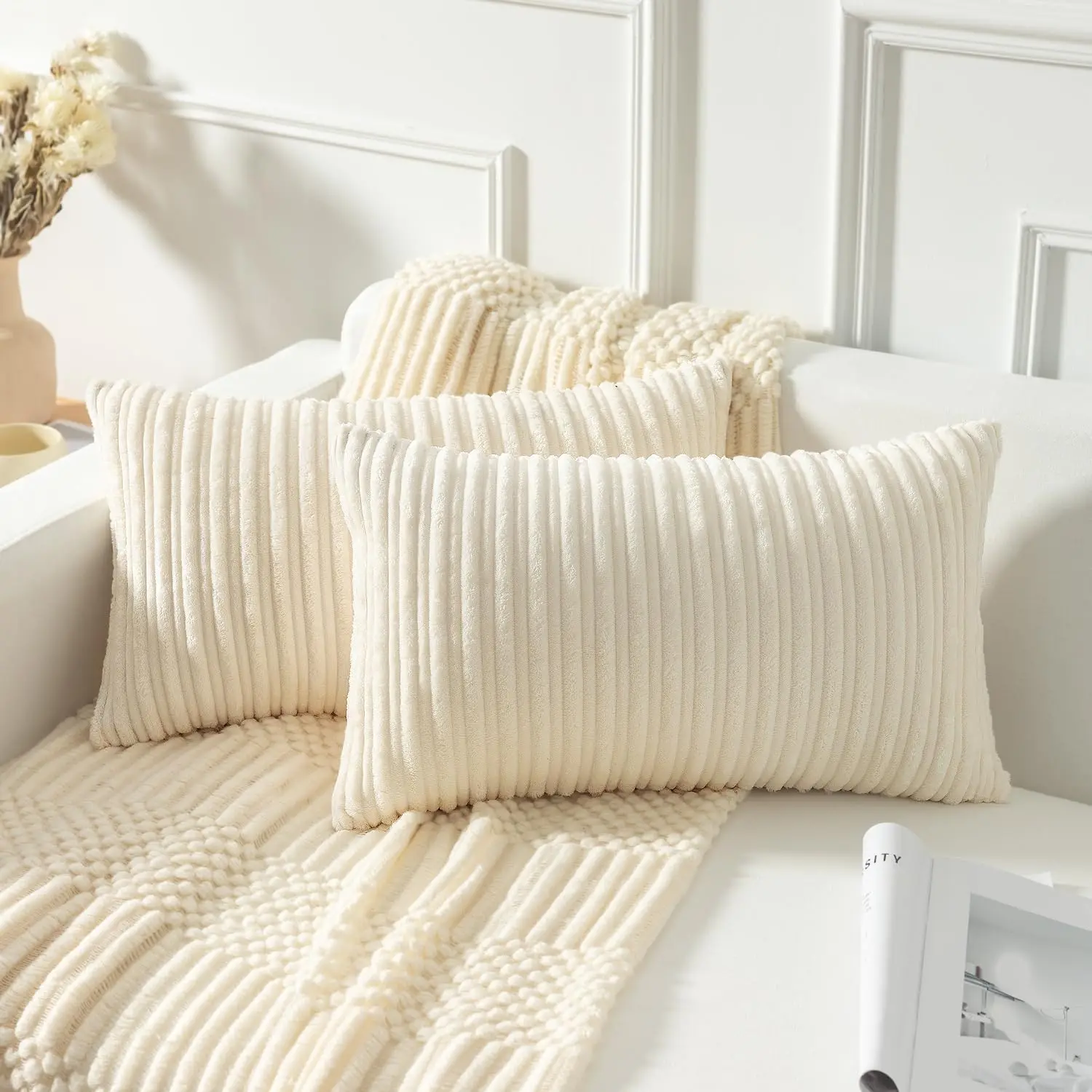 

Textile Set of 2 Oblong Pillow Covers Plush Striped Corduroy Velvet Rectangular Lumbar Throw Pillow Case 12x20 Cushion Cover for