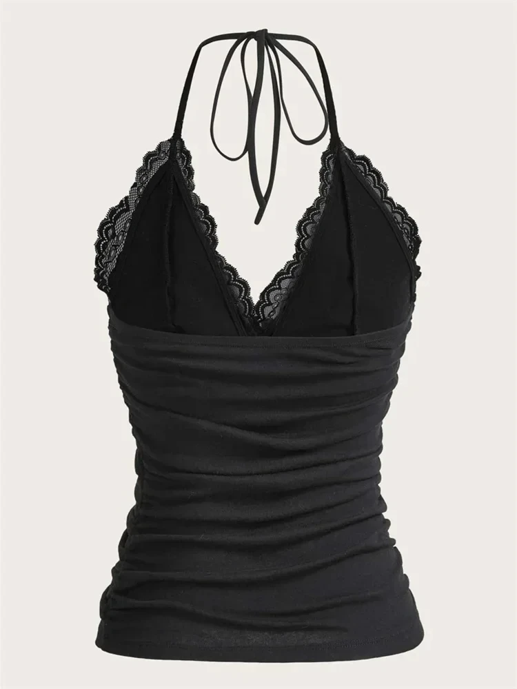 

Lace V-neck Halter Top Women Summer Sexy Grunge Punk Goth Backless Ruched Crop Top Cami Top Streetwear Y2K Clothes 2024