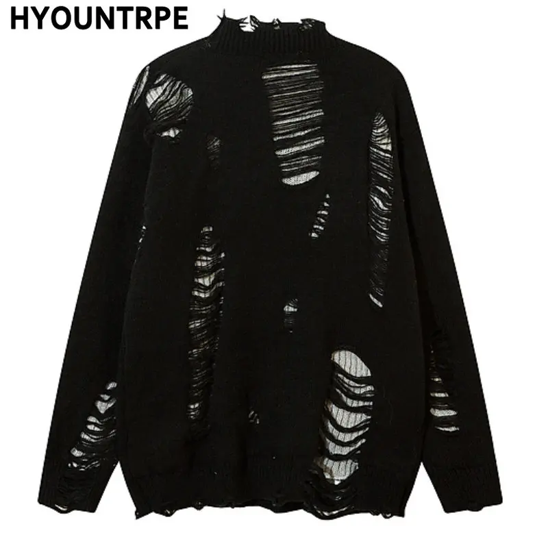 Fashion Destroyed Ripped Hole Knitted Cardigan Sweater Men Casual Oversize Punk Fake Two Pieces Harajuku CottonStreetwear Jumper