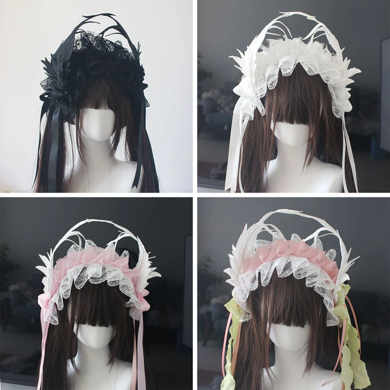 

Sweet Elegant Handmade Lolita Hair Accessories Wings Lace Patchwork Lace-up Bow Hairband Women JK Anime Maid Cosplay Headwears