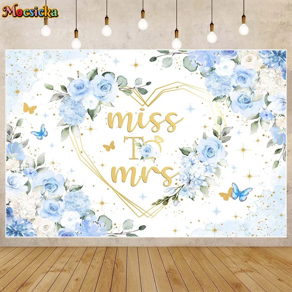 

Mocsicka Miss to Mrs Bridal Shower Backdrop Blue and White Flowers Golden Heart-Shaped Ring Wedding Decor Photo Background Props