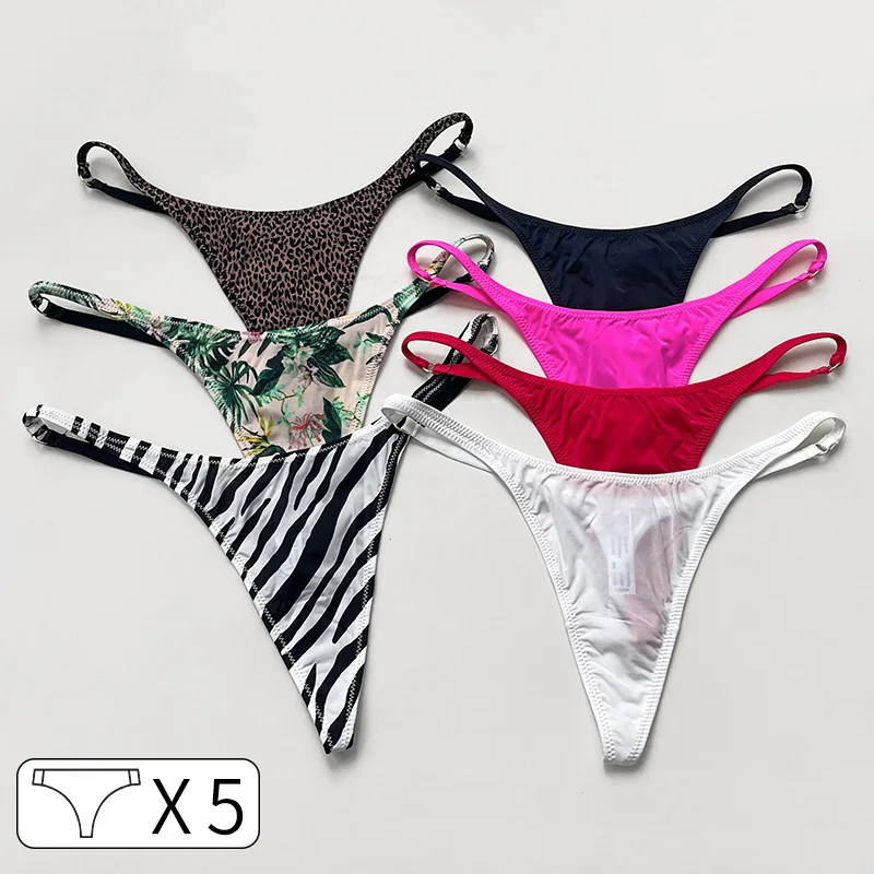 5Pcs Ice Slik Low Waist Girls G String Leopard Flower Women Panties Sexy Briefs Thong T-back Underwear Female Lingerie Size S-XL