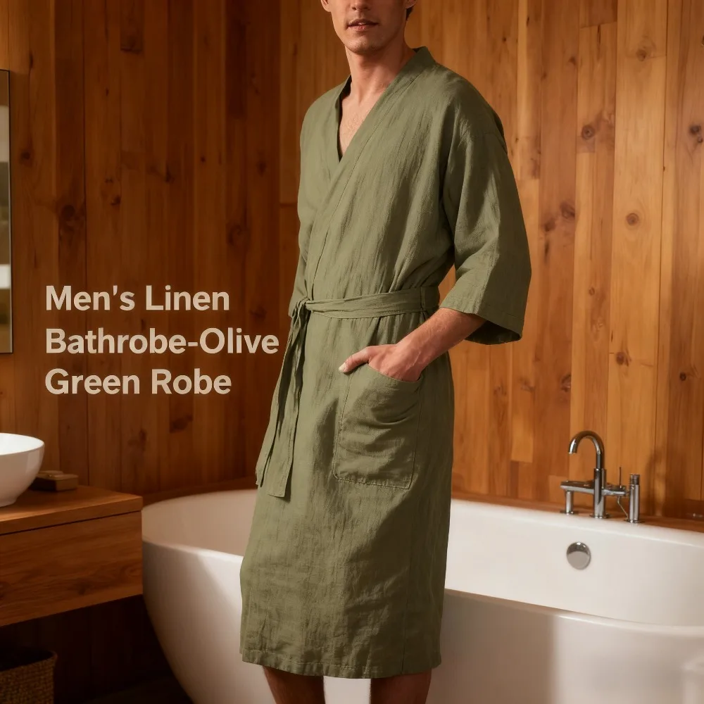 

Spring-Autumn European-American Men's Loungewear - Comfortable Mid-Length 3/4-Sleeve Robe, Collarless Warm Half-Sleeve Pajamas
