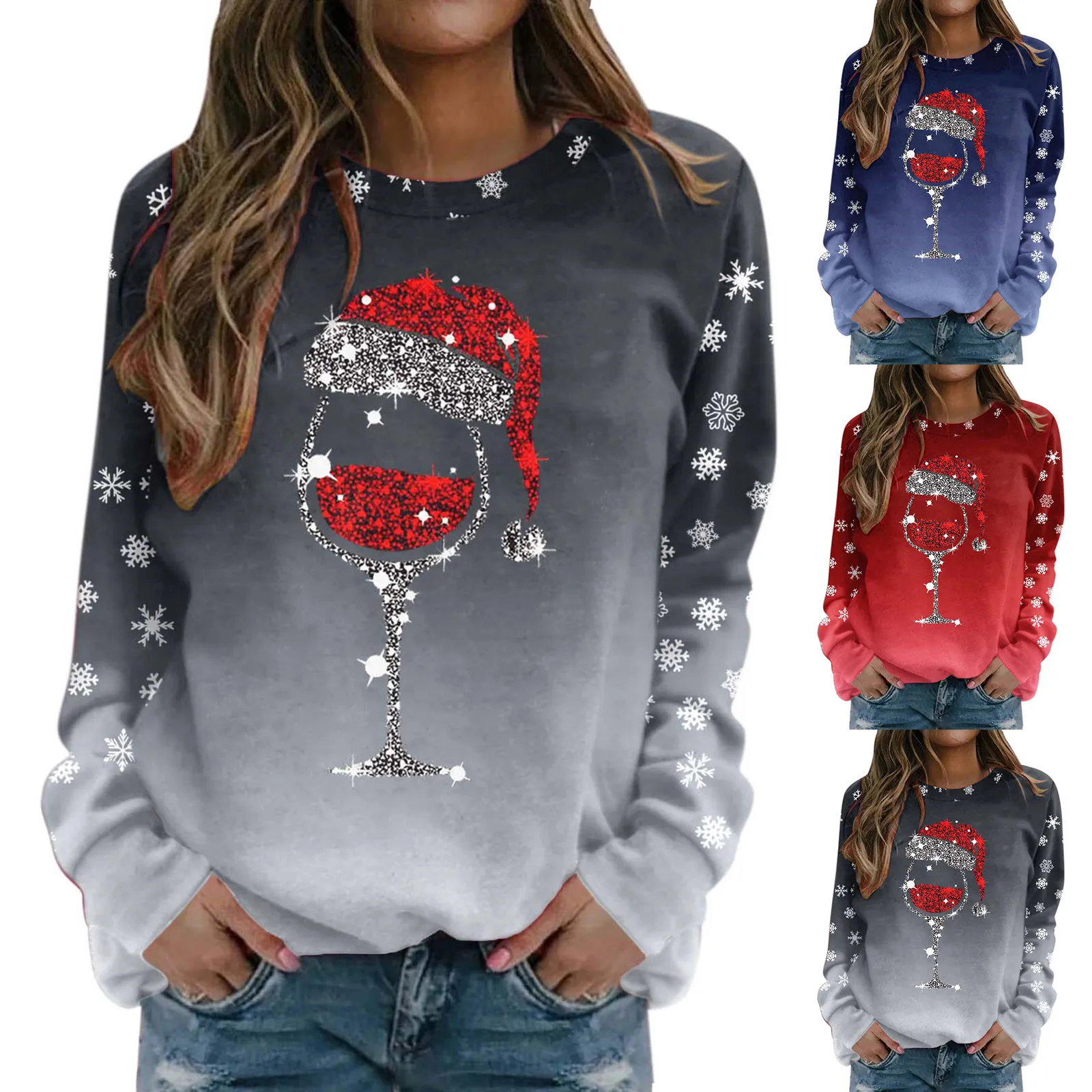 

New Year 2024 Holiday Xmas Snowflake Wine Glass Print Sweatshirt Christmas Sweatshirt Long Sleeve Round Neck Fit Pullover Tops