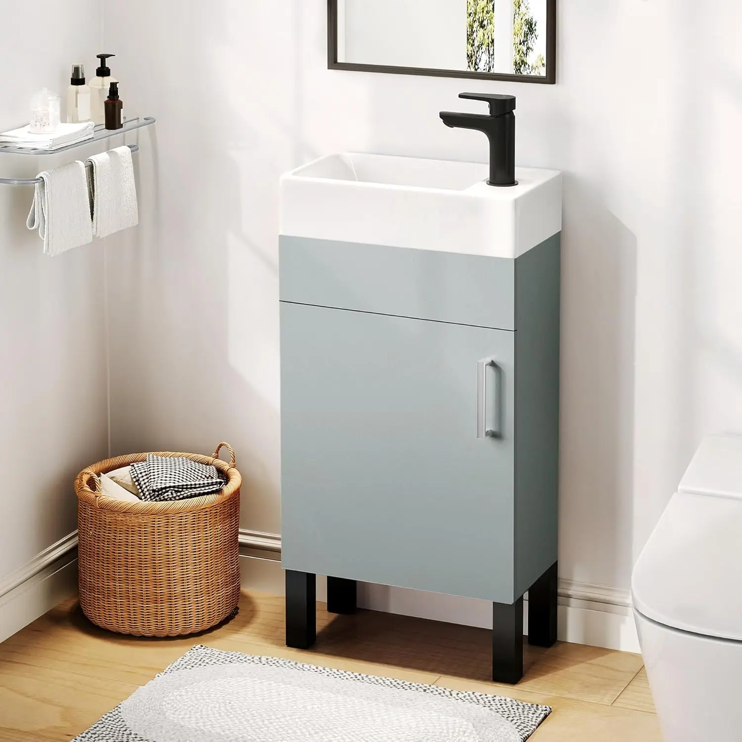 

16" Grey Bathroom Vanity Cabinet Undermount Ceramic Sink Soft-Close Door Small Space, Customized