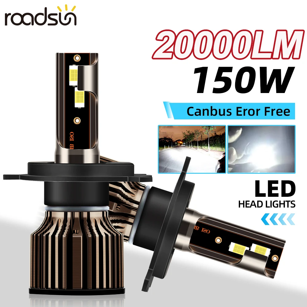 Roadsun H4 Fern- und Abblendlicht-LED-Scheinwerfer, Auto-LED-Leuchten, 20.000 lm, 150 W, 6500 K, CSP-Chip, automatische Nebelscheinwerfer