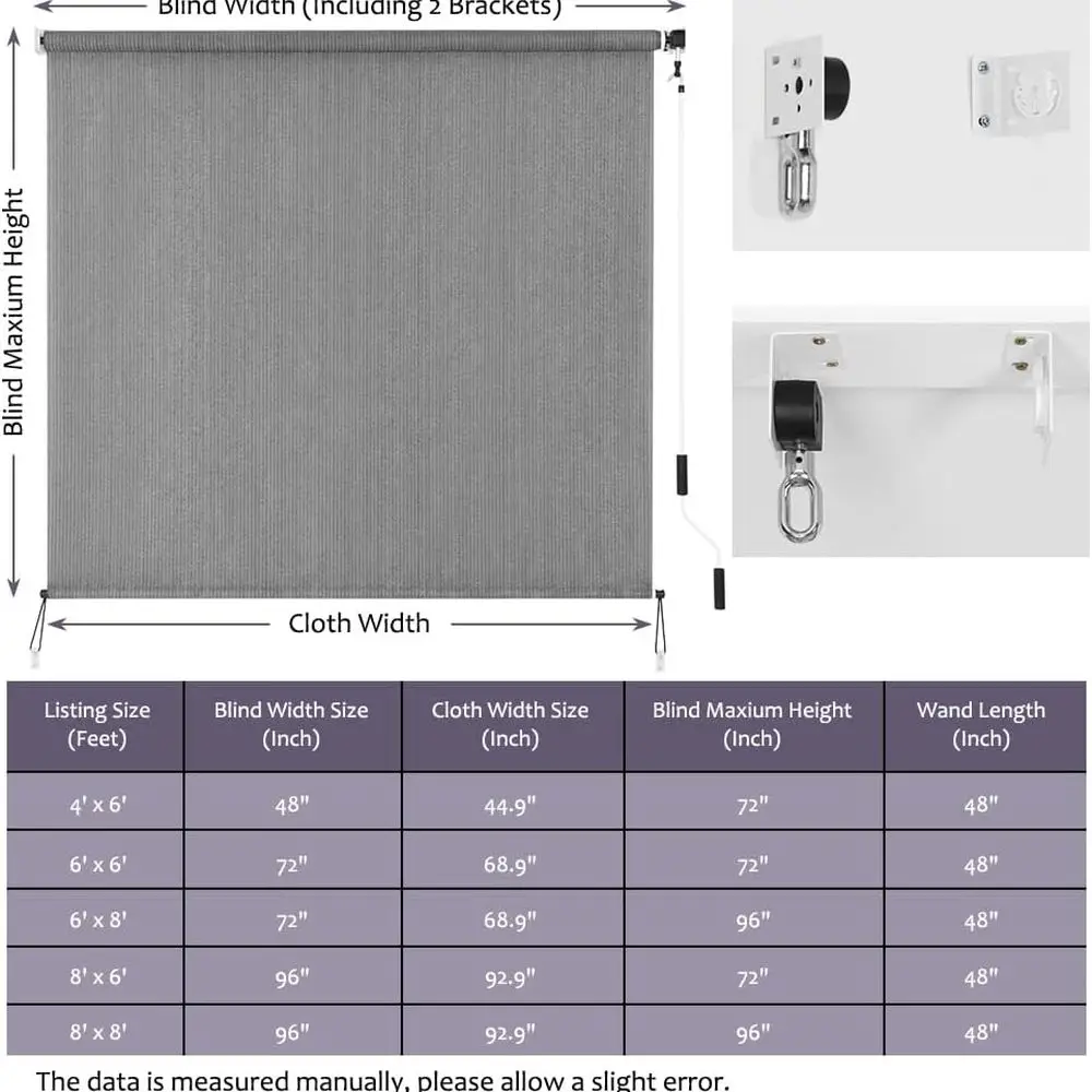 Gray 72x72 Cordless Outdoor Roll-Up Shade, 90% UV Block, Privacy Screen for Patio, Pergola, Windows