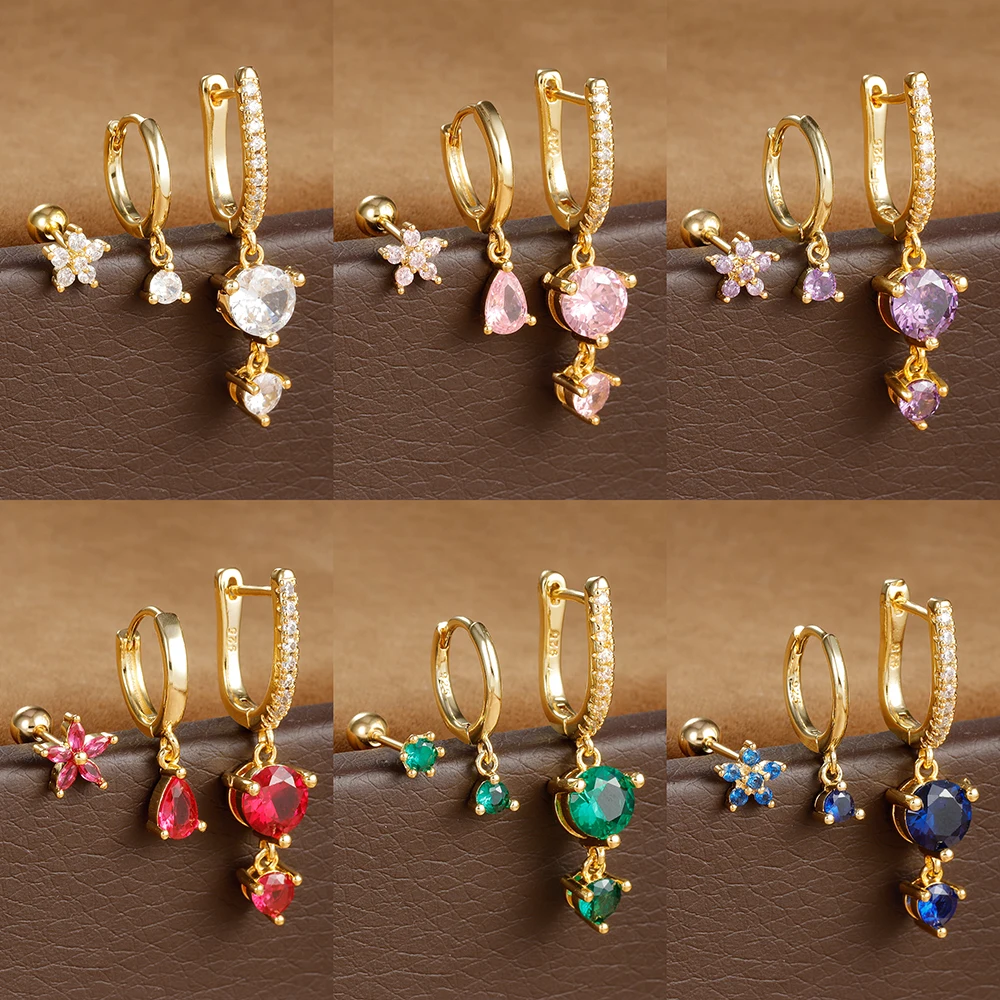 3PCS Luxury 6 Styles Colorful Zircon Flower Pendant Earrings Set for Women 18K Gold Plated Huggie Earring Party Wedding Jewelry