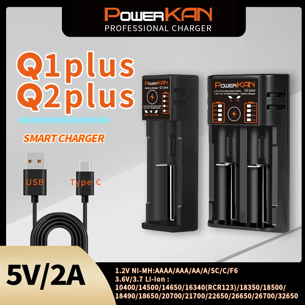 Powerkan Qplus Series Battery Charger Fast Charge Chargers Type C Cable for 1.2V/3.6V/3.7V Rechargeable Ni MH Li ion Batteries