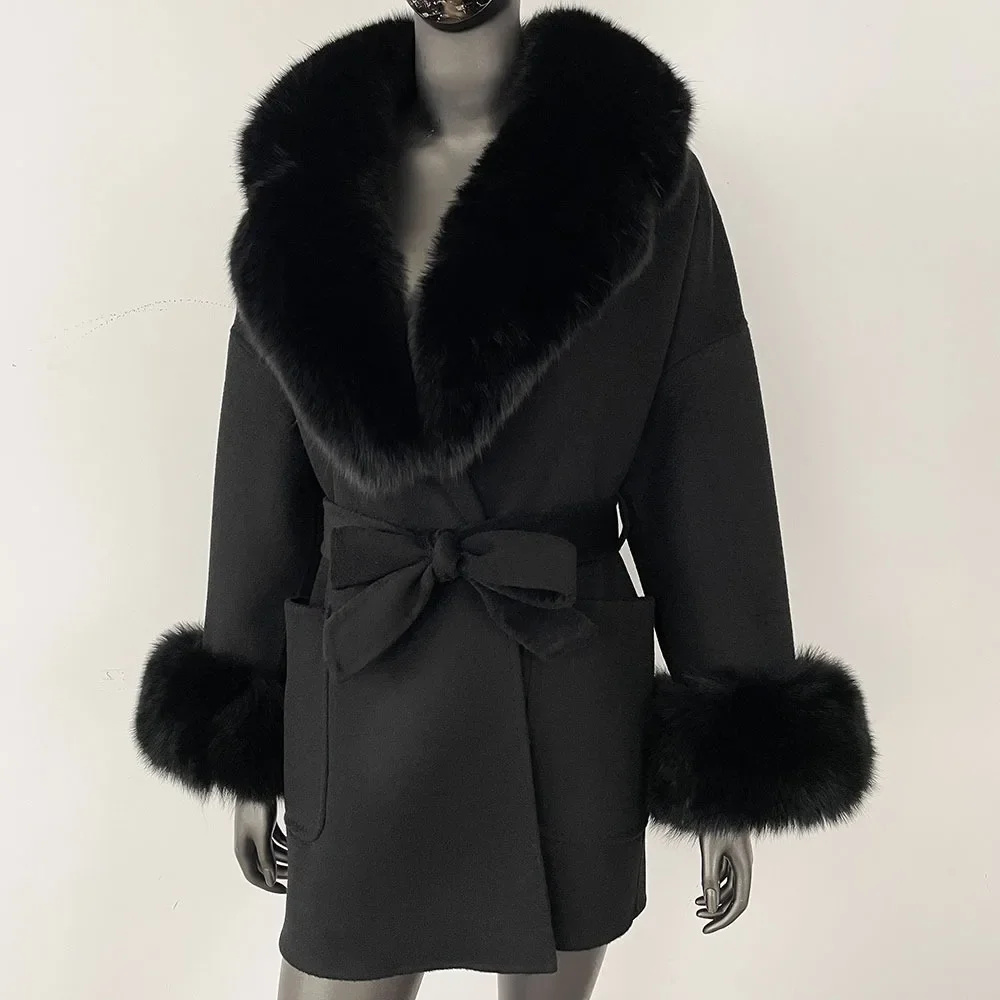 المرأة معطف الصوف 2025 جديد الخريف الشتاء ريال فوكس الفراء سترة الطبيعية الراكون الفراء الصوف سترة الإناث الدافئة الفراء الأصفاد معطف من قماش الكشمير