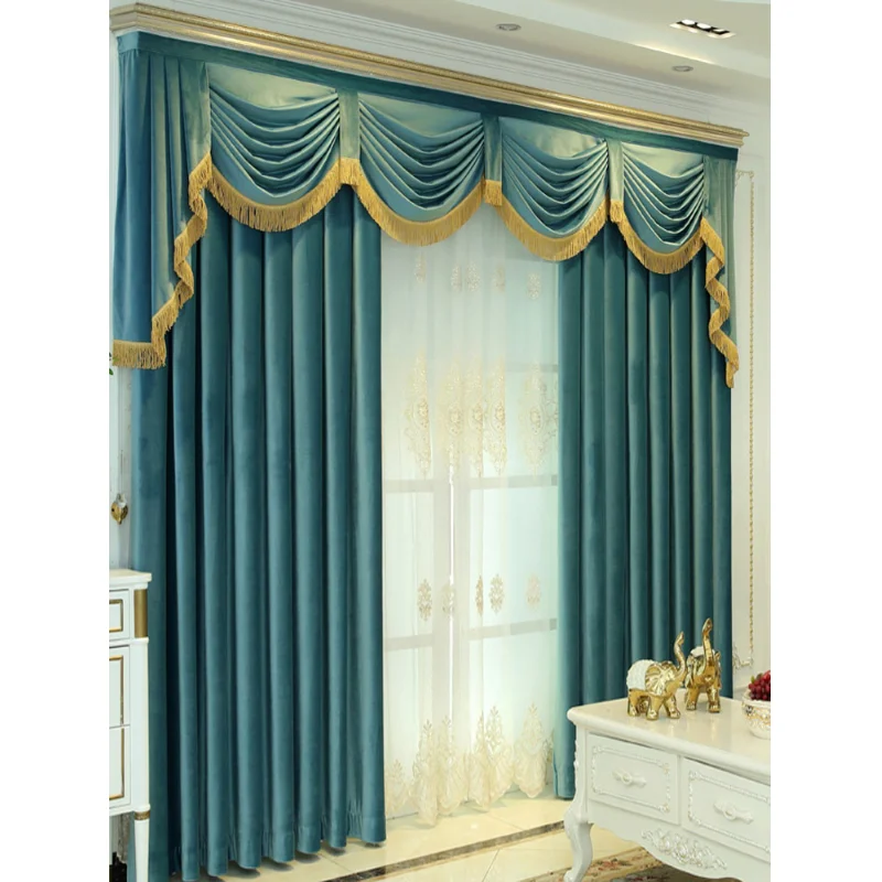 

European Curtains for Living Room Luxury Bule Solid Color Thickened Matte Velvet Cortina Shading Window Curtain Valance Custom