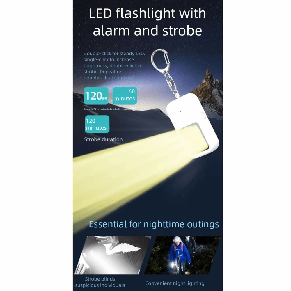 130 ديسيبل صوت آمن إنذار شخصي منخفض إشعار البطارية LED ضوء إحترافي إنذار أمان شخصي مع خطاف معلق مقاوم للماء #2