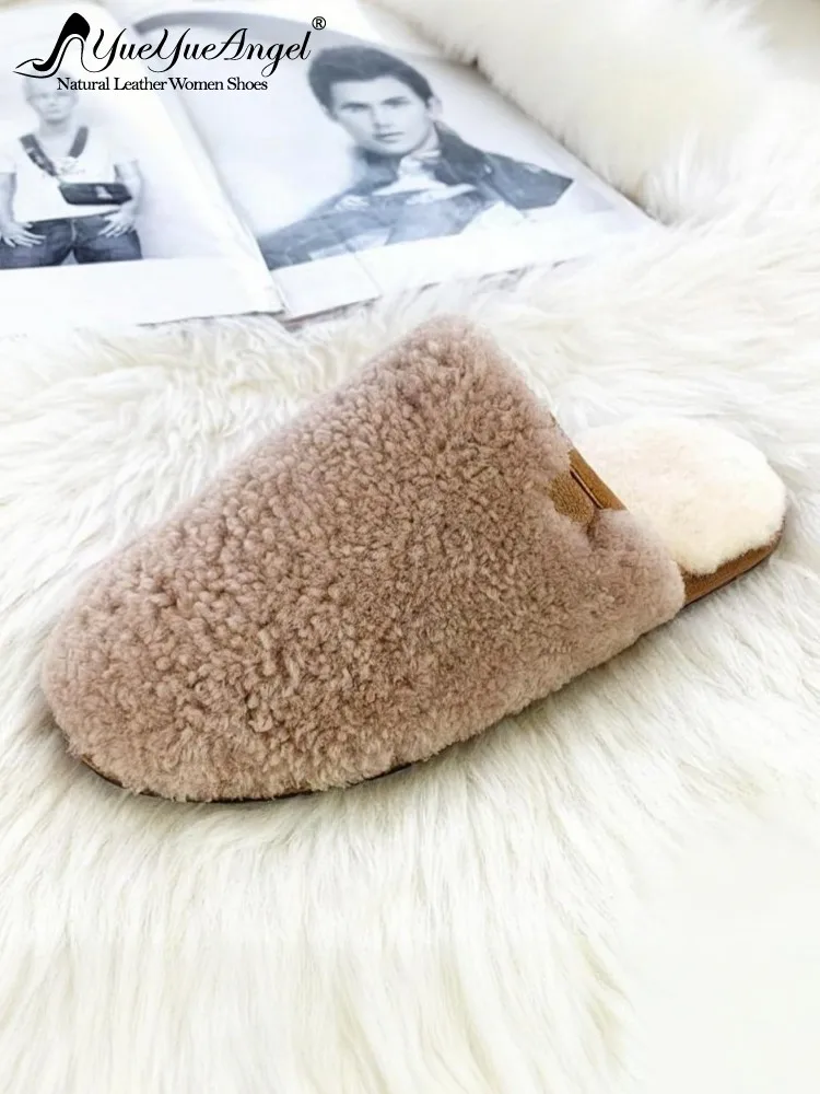 

Ladies Sweet Autumn Winter Footwear Real Wool Slippers Round Toe Slip On Casual Flat Shoes Warm Non-Slip Fashion Women Slides
