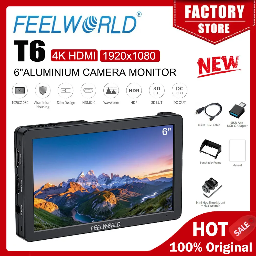 FEELWORLD T6 Monitor video da campo per telecamera HDMI da 6 pollici 4K Custodia in alluminio 1920x1080 IPS DC 8V Out Sony Canon Nikon