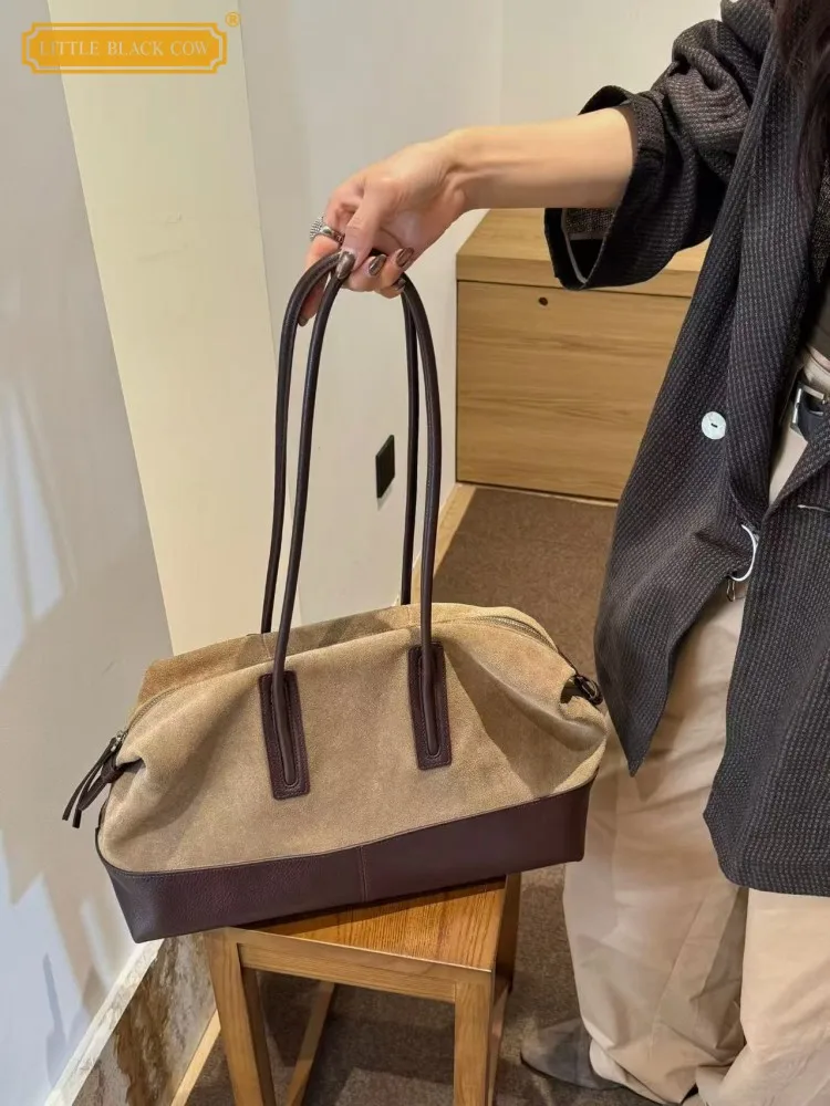 New Winter Women Fashion Zipper Spliced Suede Leather Handbag Ladies Casual Totes Large Capacity Shoulder Underarm Bag Work Bags
