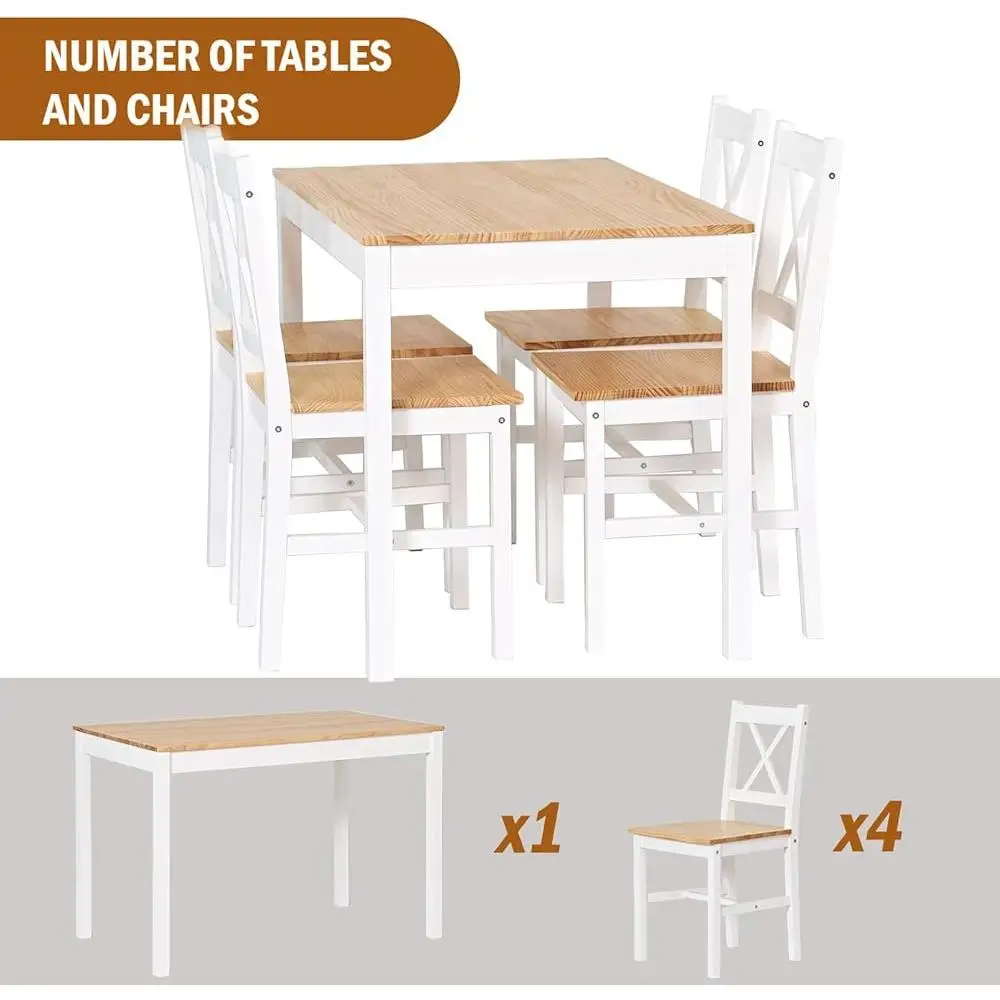Dining Table Set 4 Small Space 5 Pieces Kitchen Dining Room Strong Stable Pine Wood Rustic Elegant Design Easy Assembly
