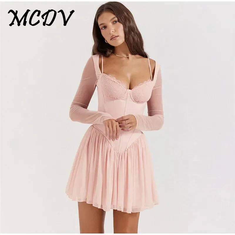 Sexy Square Neck Lace Party Short Dresses Women Long Sleeve Fishbone Partchwork Fairy Mini Dress 2024 Summer New Fashion Clothes