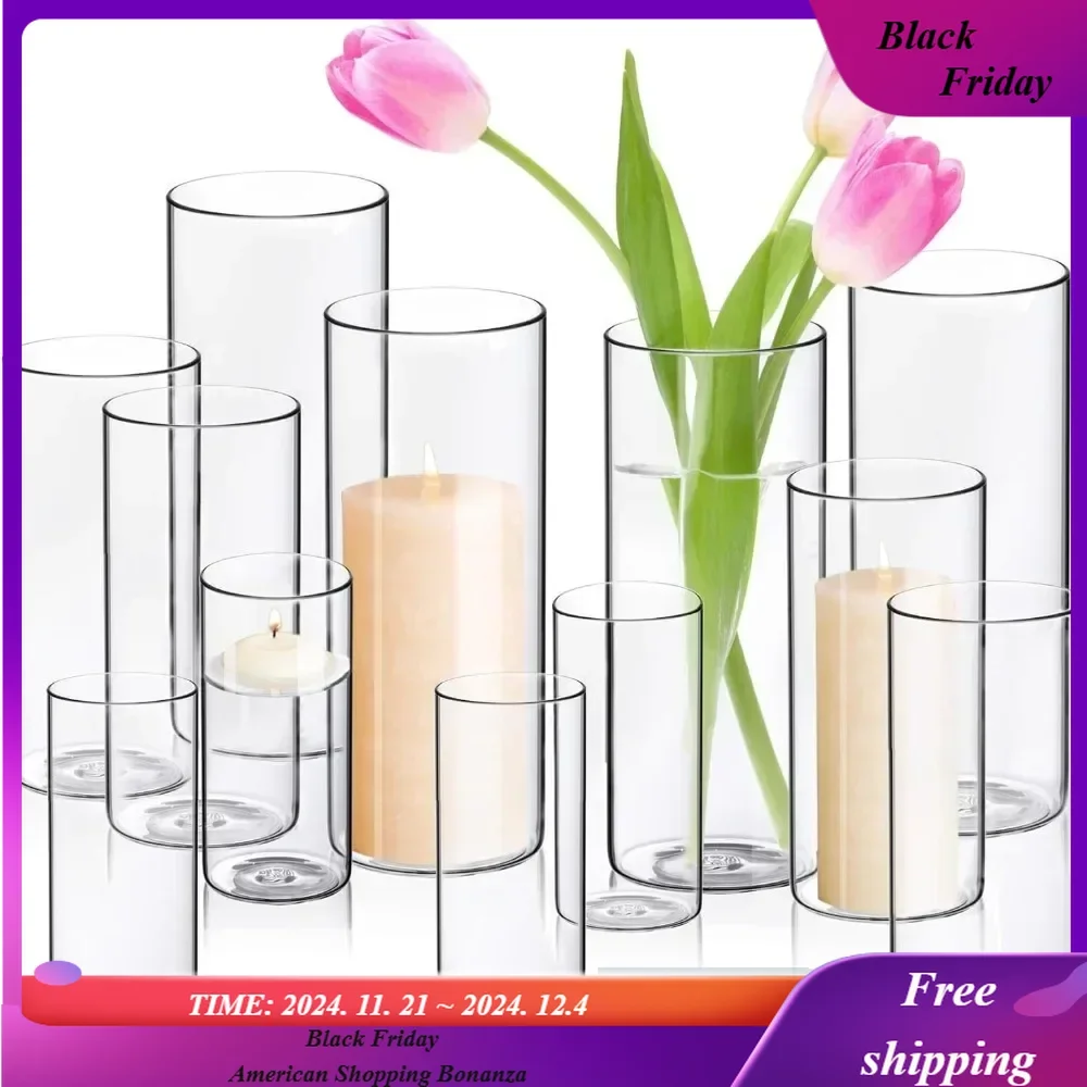 

Hurricane Candle Holders Cylinder Flower Vases Pillar Votives Floating Candles Holder, Clear Glass Vase 10" 7.8" 6" Set of 12