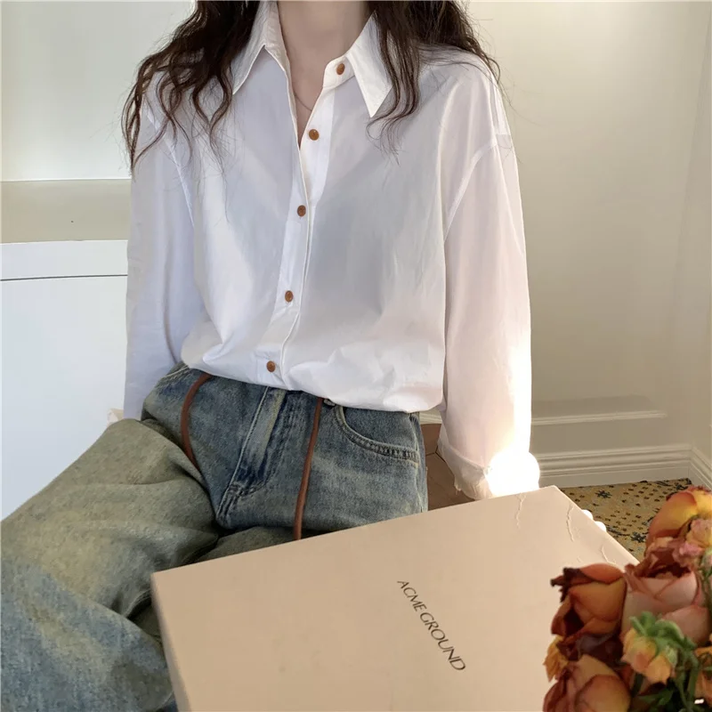 Spring Korean Style Casual Loose Oversize Shirts Women Feature Button Lapel Long-sleeve Blouses Solid Simple Streetwear Tops