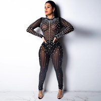 Sexy Party Jumpsuit Women's Summer Solid Color Mesh Diamond Fashion Long Sleeved Pants Clubwear Women's Jumpsuit Street Wear