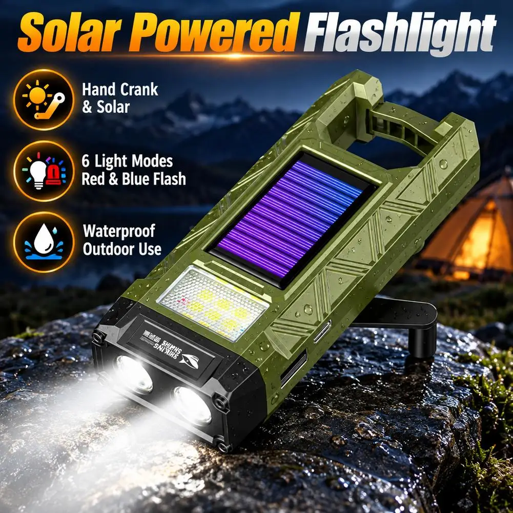 Hand Crank Solar Flashlight USB Rechargeable Emergency Light Waterproof 6 Light Modes COB Work Lamp Red Blue Warning Light