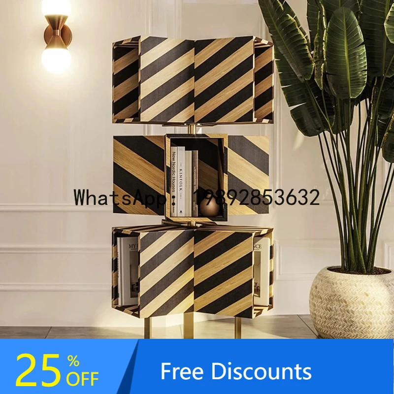 BF Italian Style Solid Wood Rotating Bookshelf Light Luxury High-end Sense Personalized Creative Metal Open Storage Cabinet