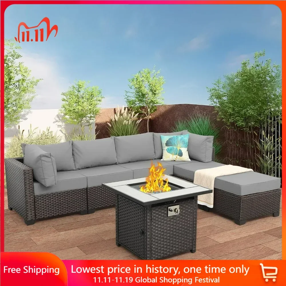 Outdoor Patio Furniture Set 7 Pieces Sectional Sofa with Fire Pit Table, Non-Slip 5