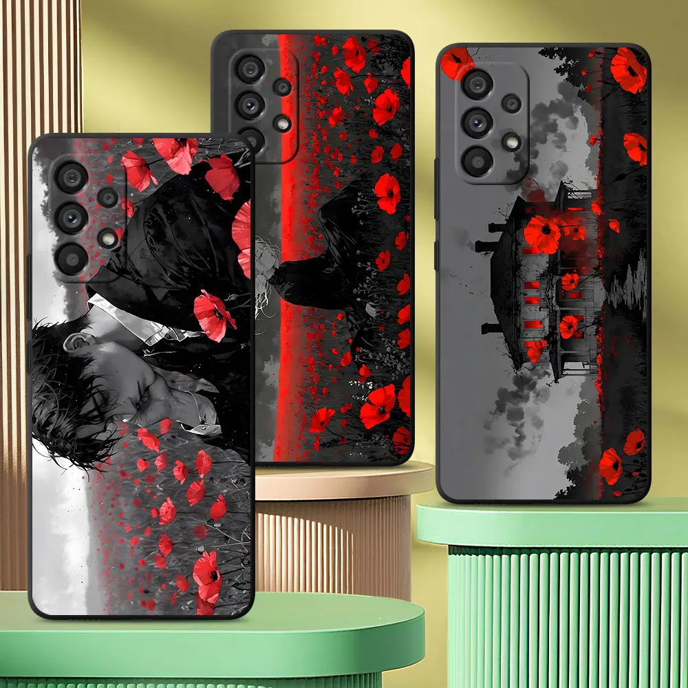Red Flower Field Sorrow Bloom Case for Samsung Galaxy A50 A10 A20e A20s A03 Core A5 A7 A70 A40 A04s A50s TPU Black Phone Cover