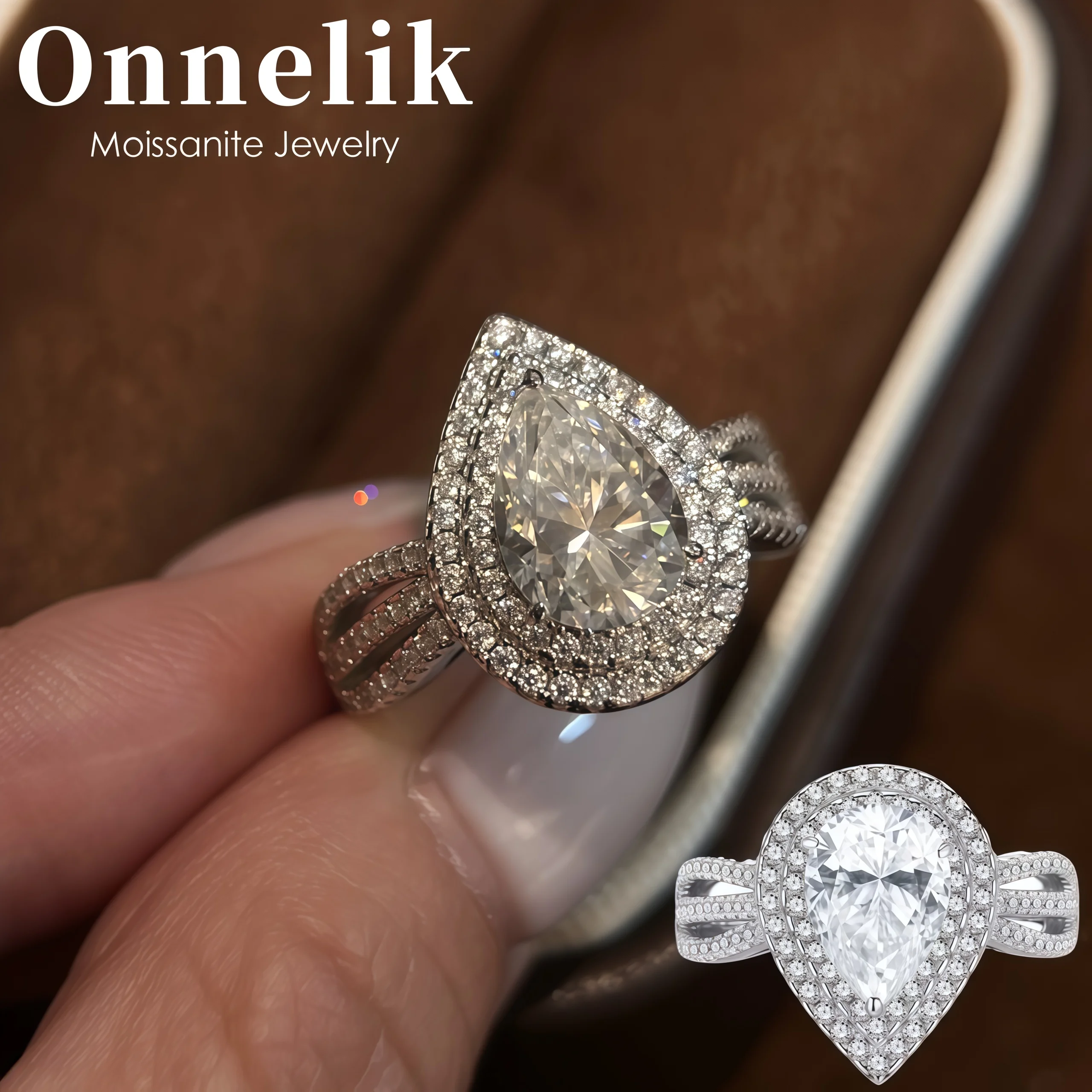 

Onnelik S925 Sterling Silver 2CT 7x10mm Pear Shape Moissanite Halo Engagement Ring Luxury Light Luxury New Arrival Wedding Band