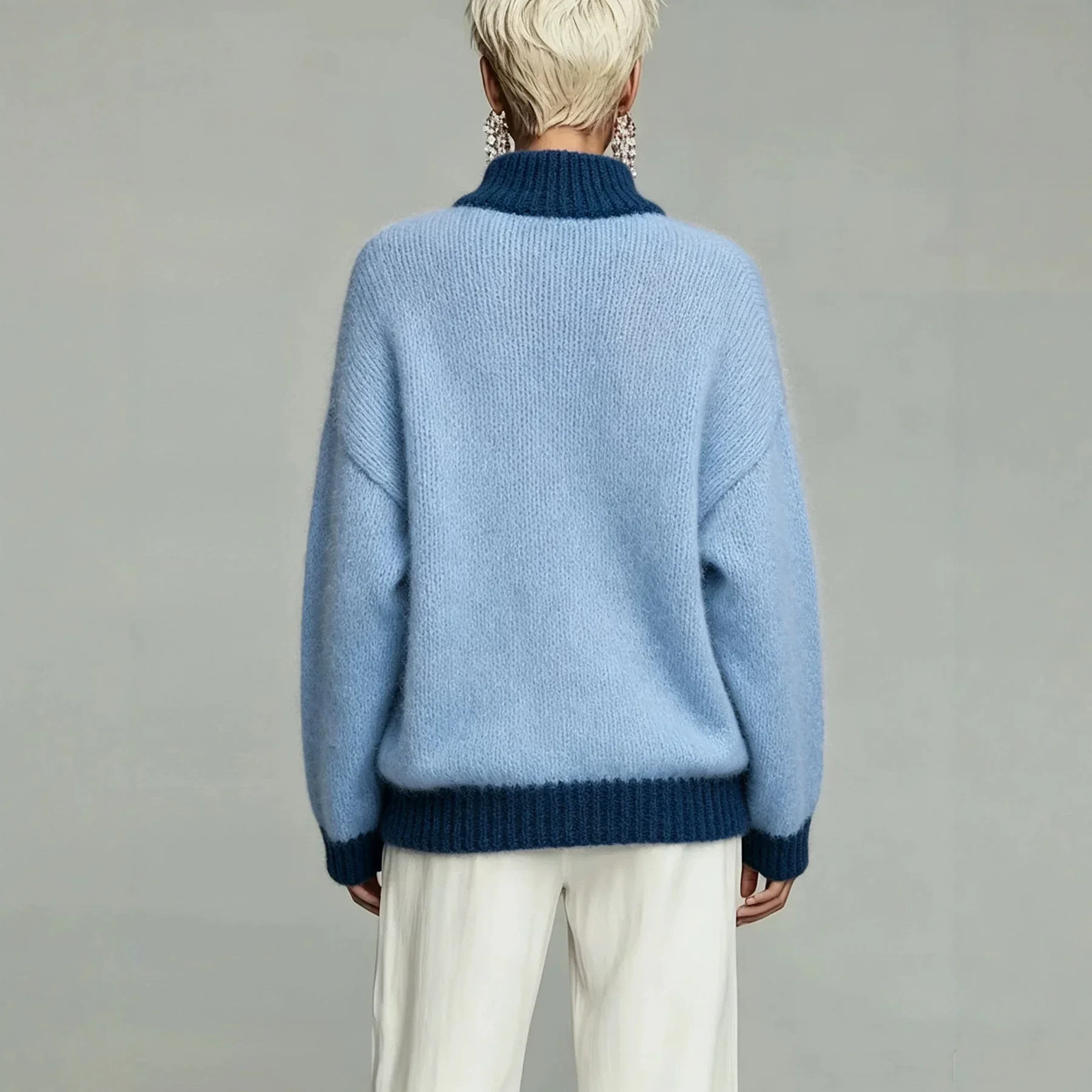 Women's Color Block Half Zip Sweater Stand Collar Contrast Trim Loose Oversized Long Sleeve Warm Knit Pullover Fall Winter Top