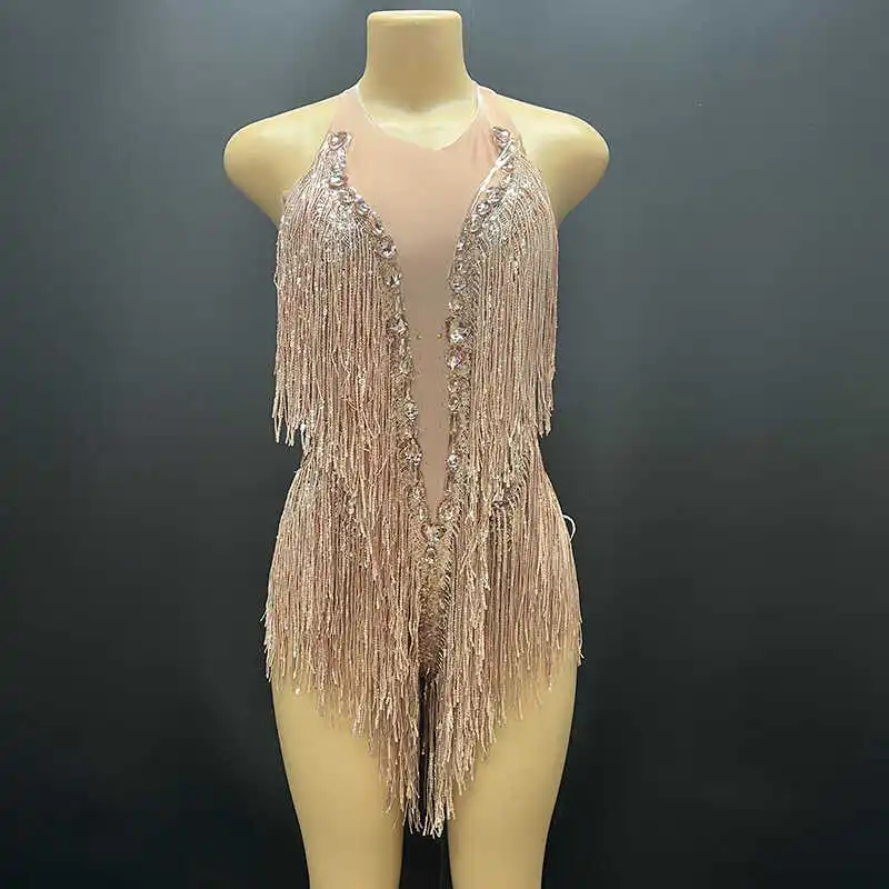 Shiny Fringed Latin Dance Skirt Flesh-colored Tight-fitting Slimming Temperament Sexy Ultra-short Jumpsuit Nightclub DJ Stage