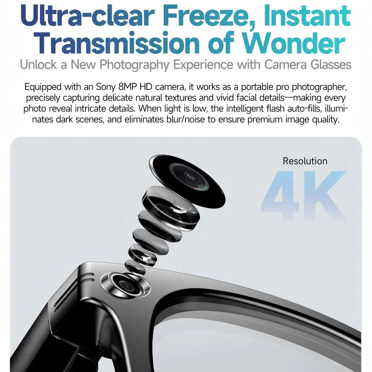 แว่นตาอัจฉริยะกล้อง 8MP พร้อมบันทึกวิดีโอความละเอียด 1080P HD, ความละเอียด 4K, ดีไซน์โลหะแบบกึ่งไร้กรอบ, เลนส์ปรับแสงอัตโนมัติ