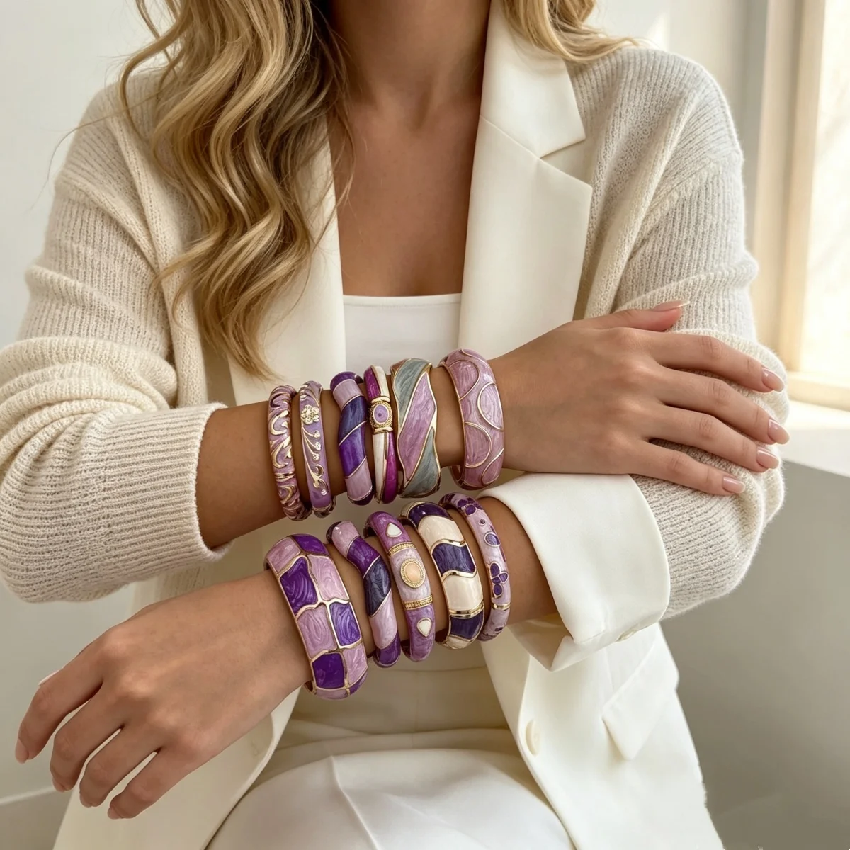 Ästhetisches Armband aus Emaille der Purple-Serie für Damen und Herren, Vintage-Punk-Stil, unregelmäßiger Block, gedreht, wellig, breiter Statement-Armreif, Schmuckstück – Detail 12