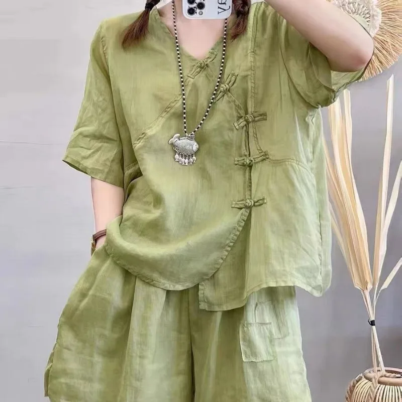 

Новый летний женский комплект из двух предметов в китайском стиле с короткими рукавами, повседневные свободные широкие шорты с v-образным вырезом + женские топы Ramie