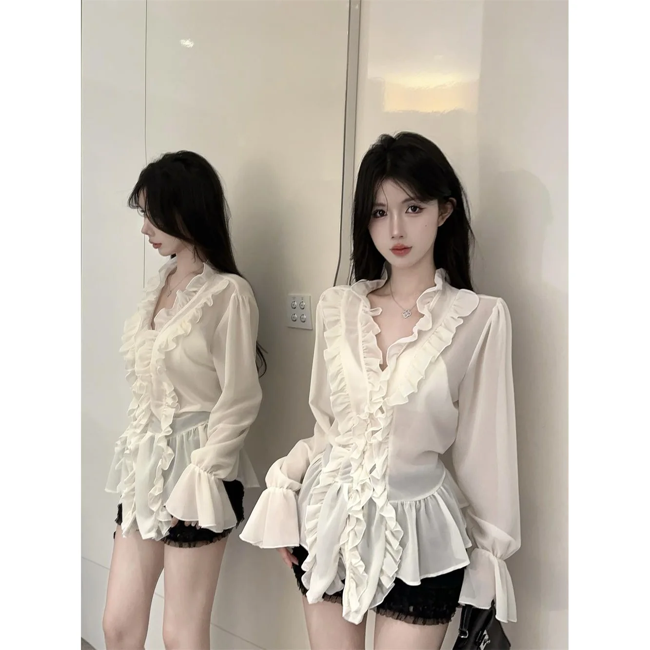 

Gagarich Lace Collar Patchwork Long Sleeve Thin Cut Ruffle Edge Lace Up Waist Cinching Loose Bubble Sleeve Shirt Summer 2025