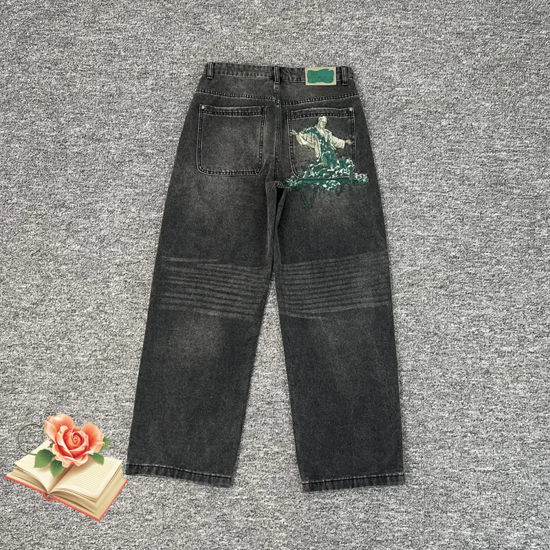 

Derschutze Embroidery Green Flower Helpless Priest Graphic Jeans Men Women High Street Casual Baggy Straight Wide Leg Denim Pant