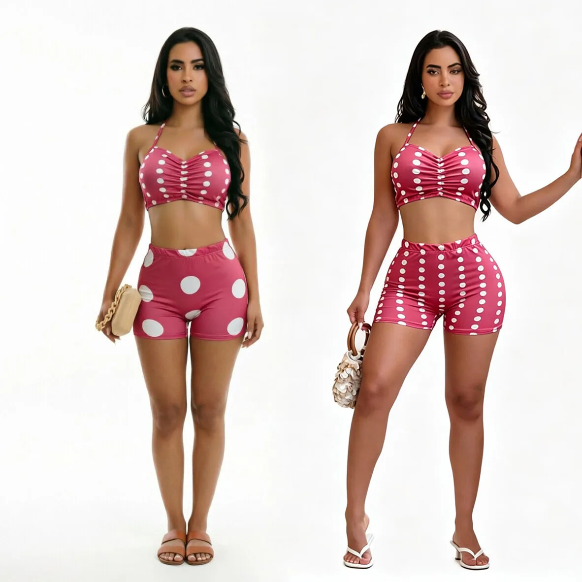 

Fashionable New Style Lace-Up Halter Neck Ruched Backless Elastic Polka Dot Print Women's Casual Two-Piece Set