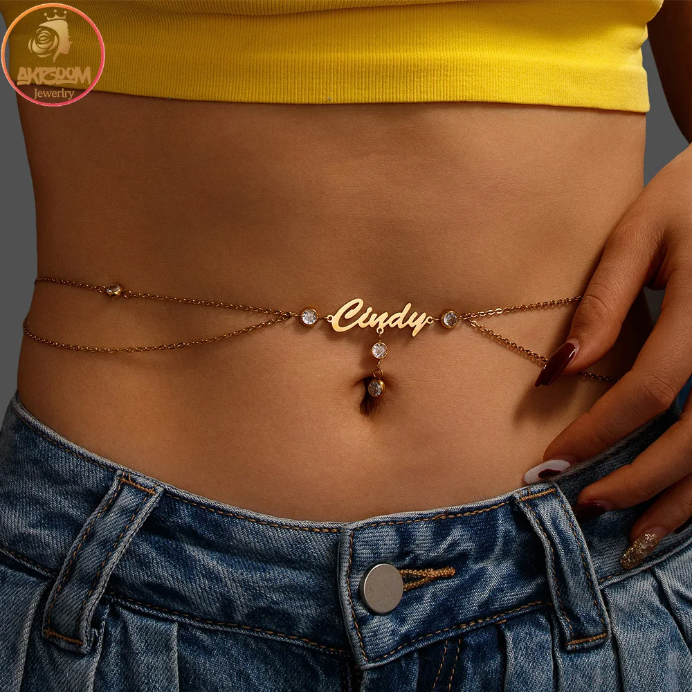 Akizoom Sexy Women Custom Name Waist Chain Stainless Steel Personalized Letter Belly Chain for Women Sexy Body Jewelry Gift