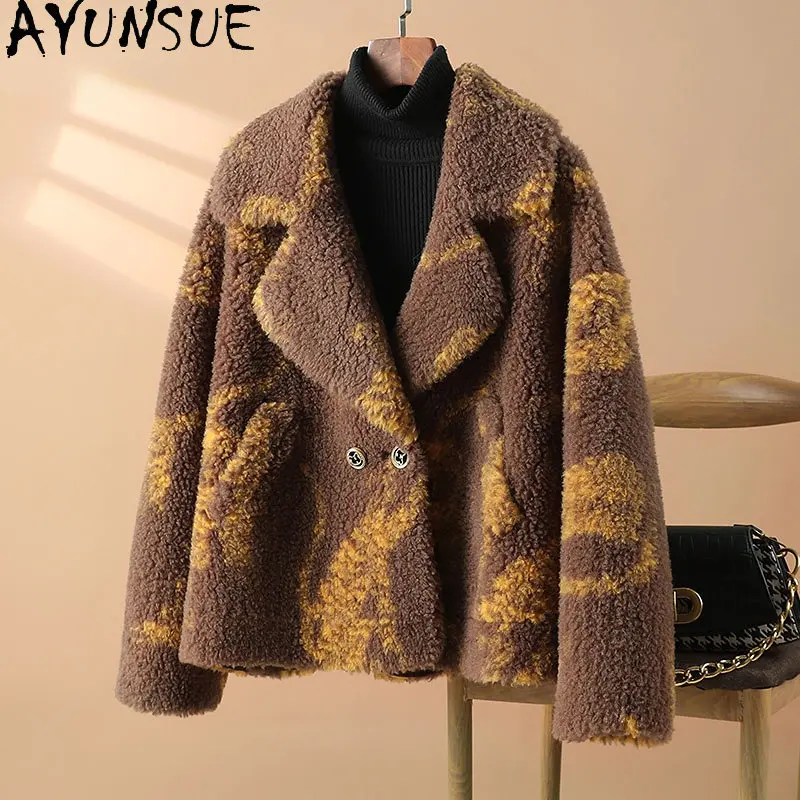 

AYUNSUE 100% Wool Coat Women Clothing Winter Sheep Shearing Jacket Female Short Korean Floral Wool Jackets Fur Coats Veste Femme