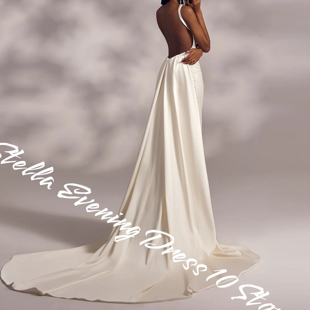 Vestido de noche de Jersey blanco elegante personalizado exquisito lentejuelas acanaladas sin tirantes tirantes espagueti sin espalda corte Trai