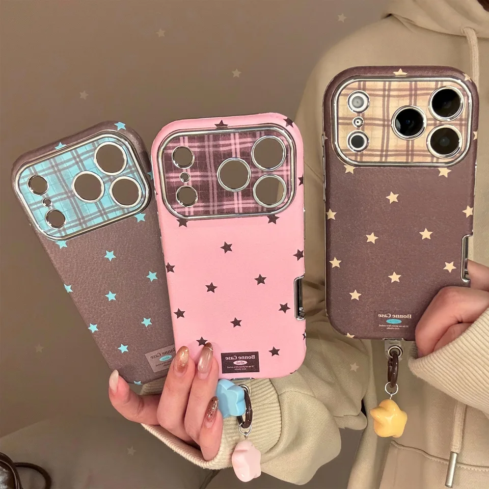 Funda retro coreana con estrellas y textura de cuero cromado para iPhone 17 16 15 Plus 14 13 12 11 Pro Max, con colgante, a prueba de golpes 2
