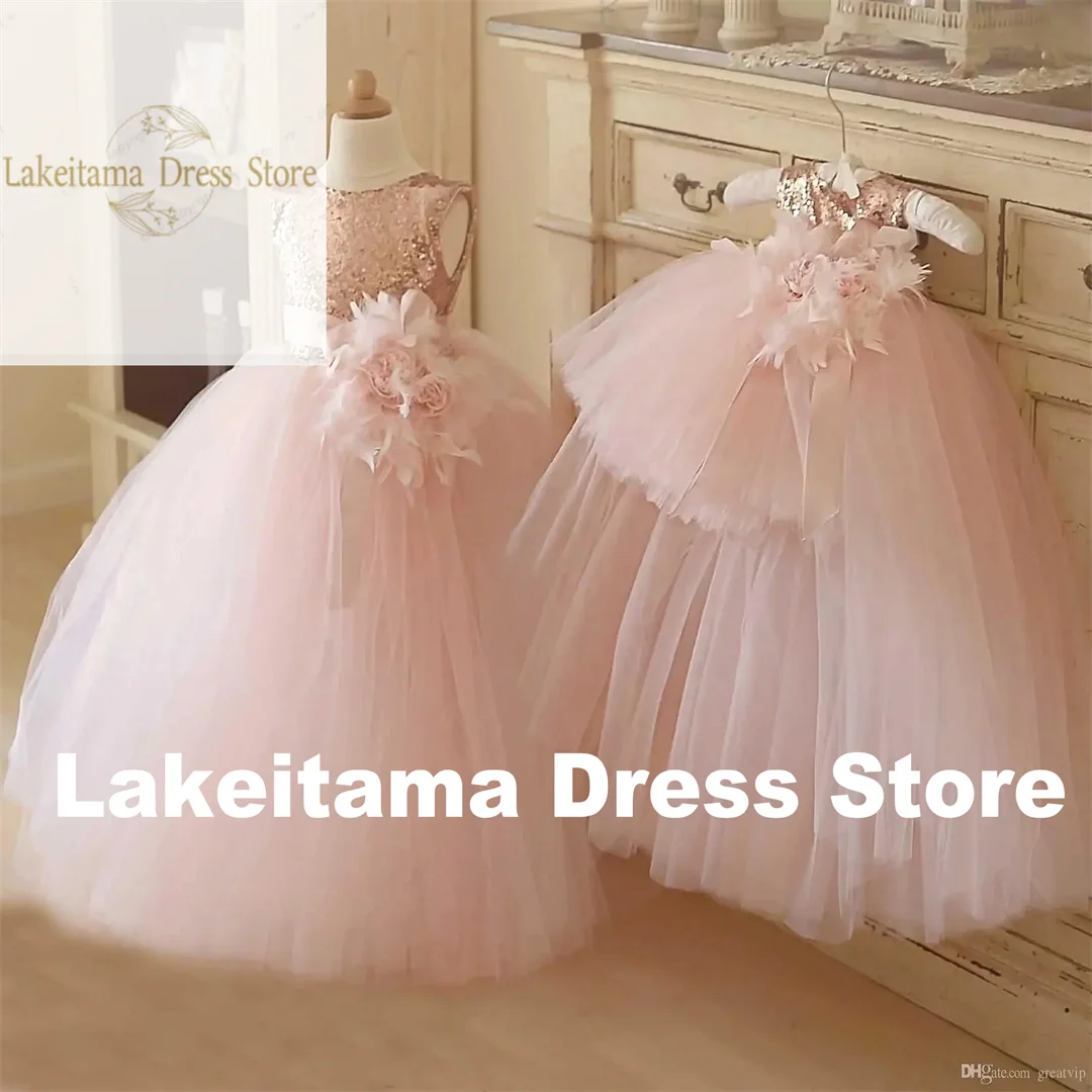 Customization Flower Girl Dress Luxurious Pink Sleeveless Tulle Lace Applique Weddings Kids Birthday Gift First Communion Gowns