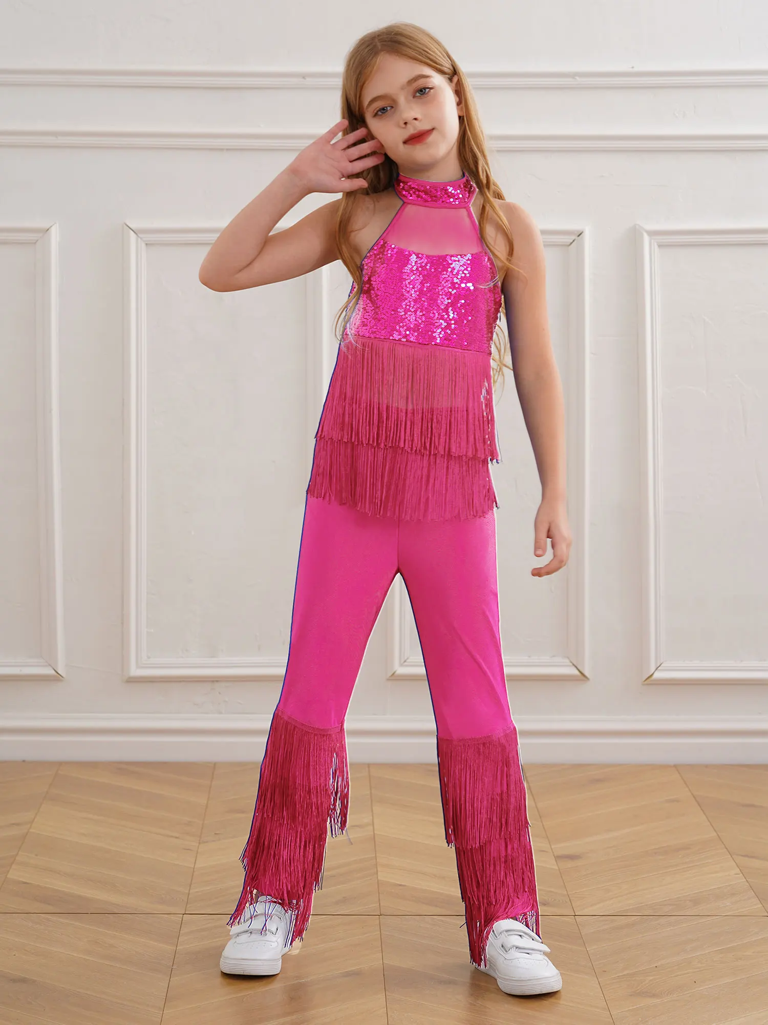 

Girls Halter Tiered Tassels Jumpsuit Kids Disco Costume Sparky Sequins Jazz Dance Costumes Fringed Bodysuit Hippie Streetwear