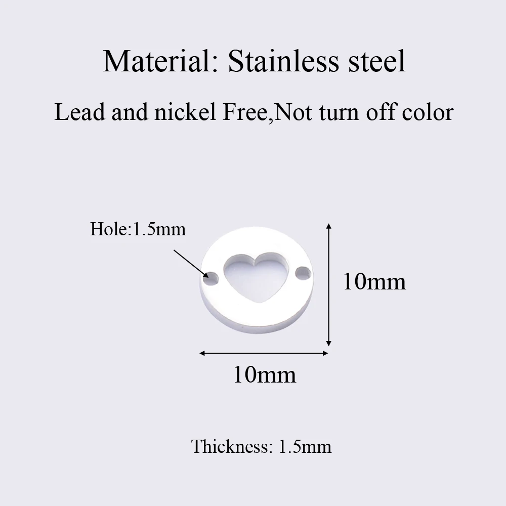 10 Stück/Set Edelstahl Runde Herz-Anhänger für Armbänder und Halsketten, DIY-Schmuck-Verbinder, Zubehör mit 2 Löchern – Detail 1