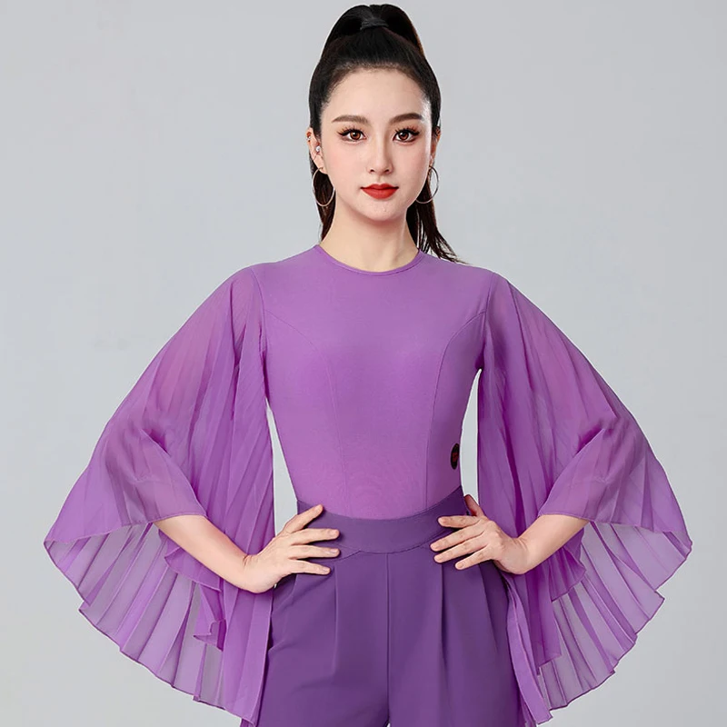 Fioletowo-czarne bluzki do tańca towarzyskiego, walca, tańca nowoczesnego, damskie bluzki z falującymi rękawami do tańca latynoamerykańskiego, odzież treningowa SL13413