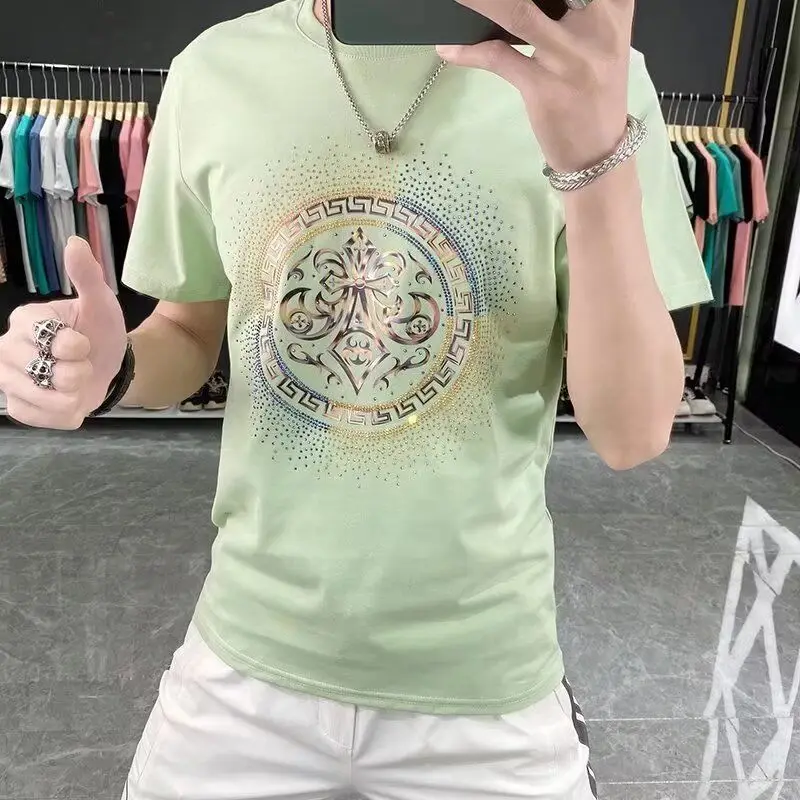 Pure Cotton Short-sleeved T-shirt in Summer European Station Hot Diamond Men's Trendy Handsome Round Neck Versatile Fashion