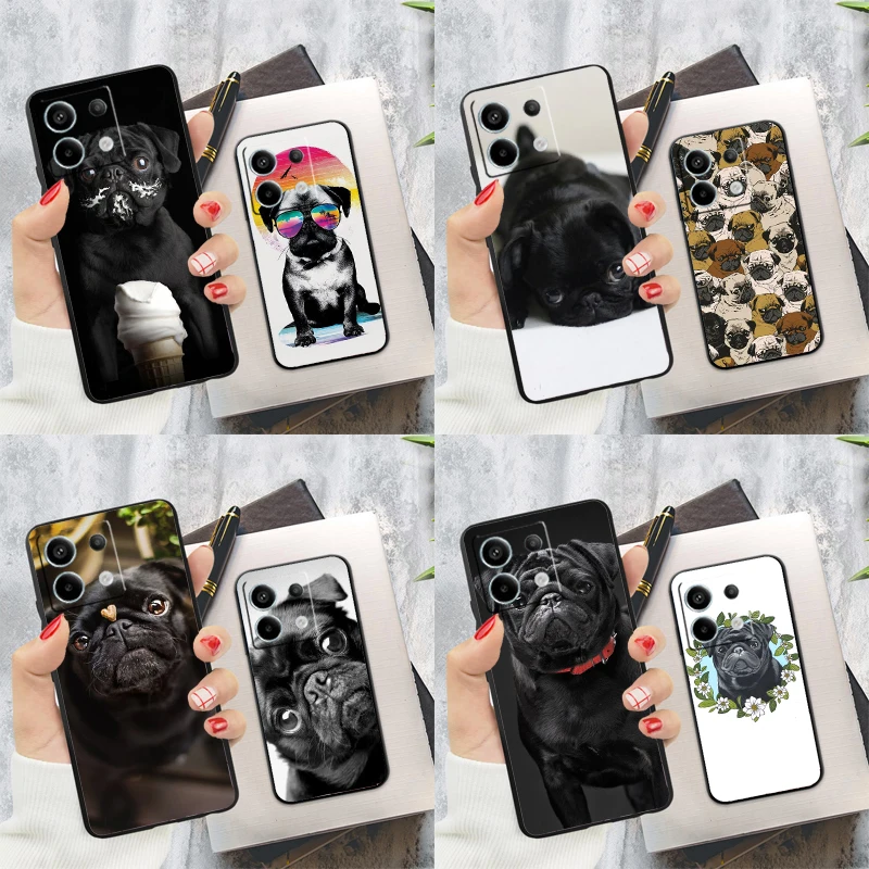 Cute Black Pug Dog Case For Xiaomi Redmi Note 13 Pro 14 12 11 9 10 9S 10S 11S 12S Redmi 13C 10C 12C 14C Cover