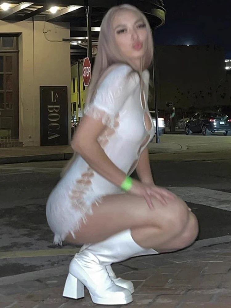 ชุดเดรสแขนสั้นผ้าตาข่ายเข้ารูปคอกลมผ้าตาข่ายเข้ารูปชุดเดรสเบบี้ดอลล์ชุดเดรสชุดมินิเดรสเซ็กซี่ชุดมินิเดรสสีขาวมีสไตล์แหวกแนว