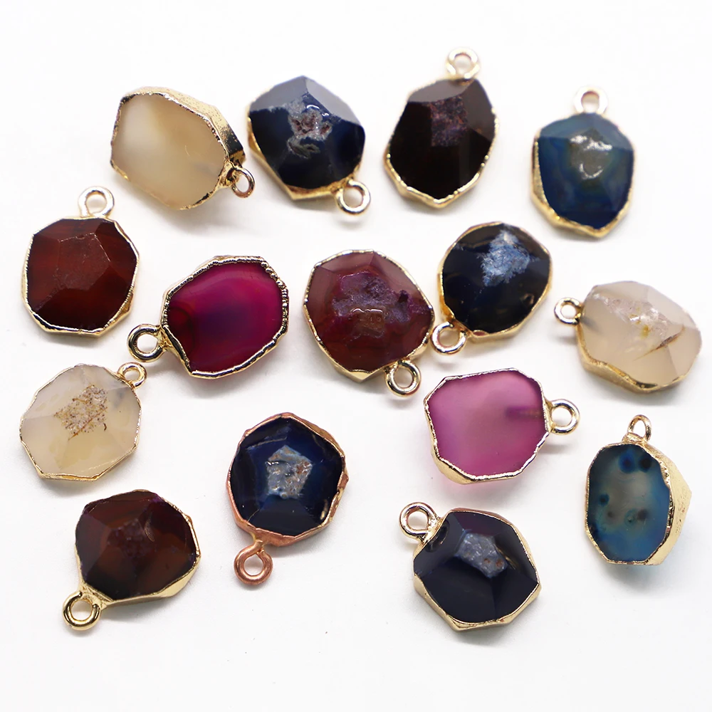 Free Shipping Natural Stone Agate Pendant Section Irregular Gold Plated Charm Crystal Necklace Jewelry Making Wholesale 8Pcs/Lot