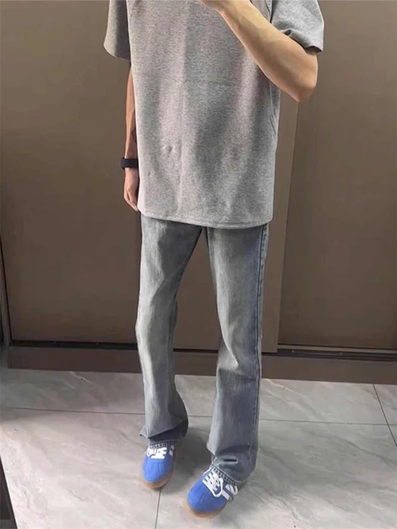 

Ins Vintage Men's Straight Leg Jeans Winter Heavyweight Cleanfit Versatile Loose Fit Flared Long Trousers Trendy Breathable